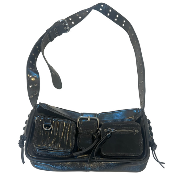 FREE PEOPLE BLACK LEATHER HIGH SPEED LACE UP SIDES GROMMET DETAILS CROSSBODY BAG - Picture 14 of 16